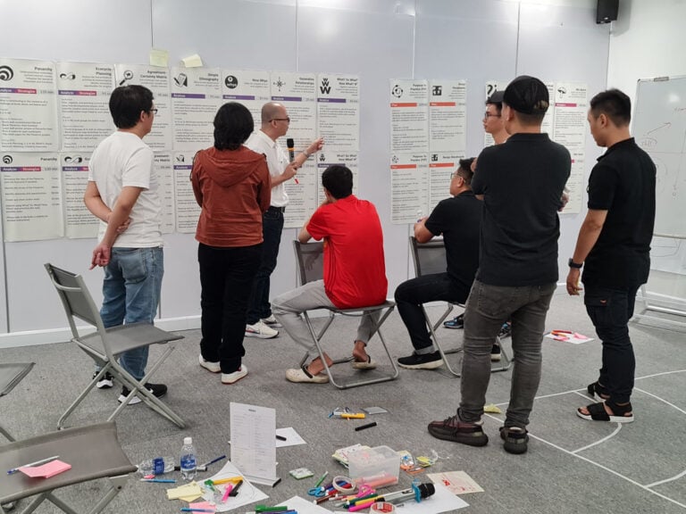 Nhóm học viên trao đổi bên tường dán đầy các phương thức Liberating Structures