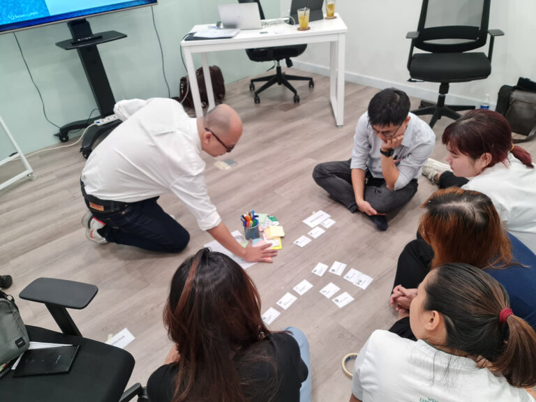 Trainer và học viên ngồi trên sàn sắp xếp thẻ trong bài tập Facilitation