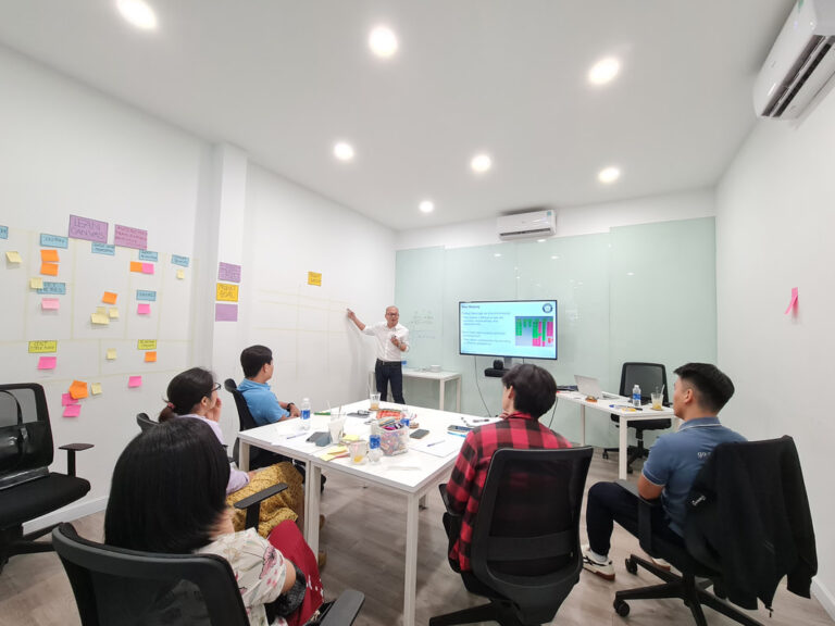 Lớp học ngồi thảo luận, tường dán đầy ghi chú
