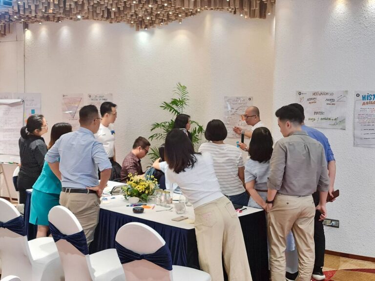 Các nhóm đứng thảo luận quanh bàn