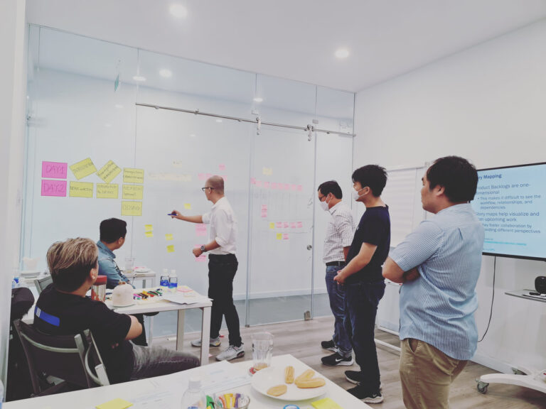 Học viên trao đổi trước tường kính dán note