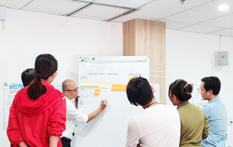 Nhóm học viên cùng trainer viết lên bảng trắng