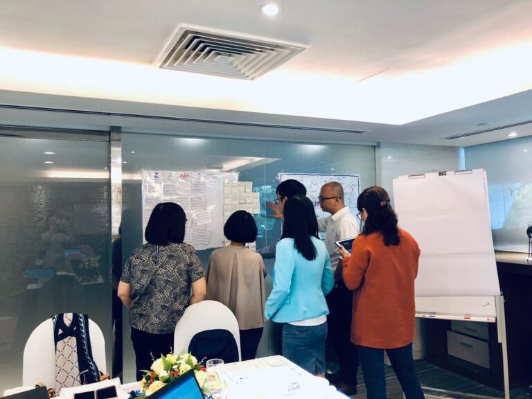 Học viên làm việc nhóm bên tường kính